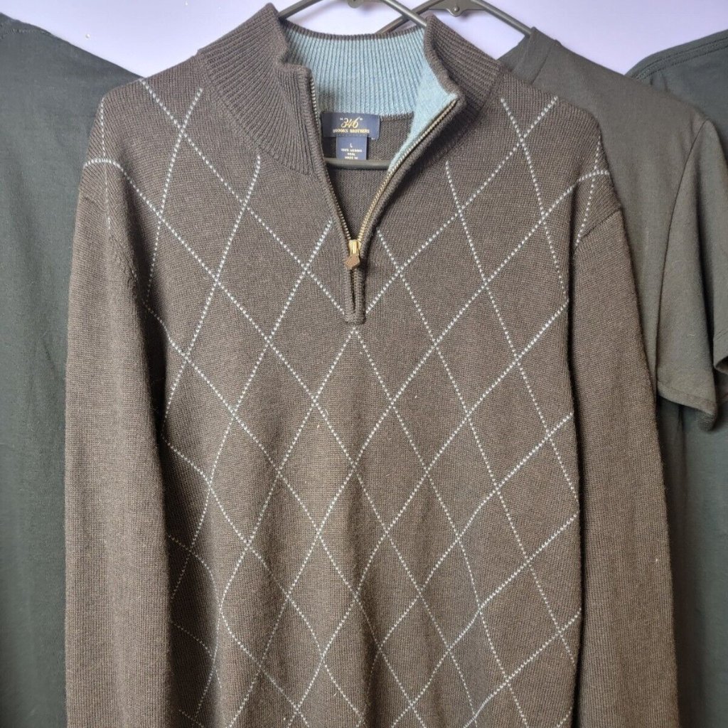 Brooks Brothers 346 Men Brown Argyle 100% Merino Wool Quarter Zip Sweater Size L